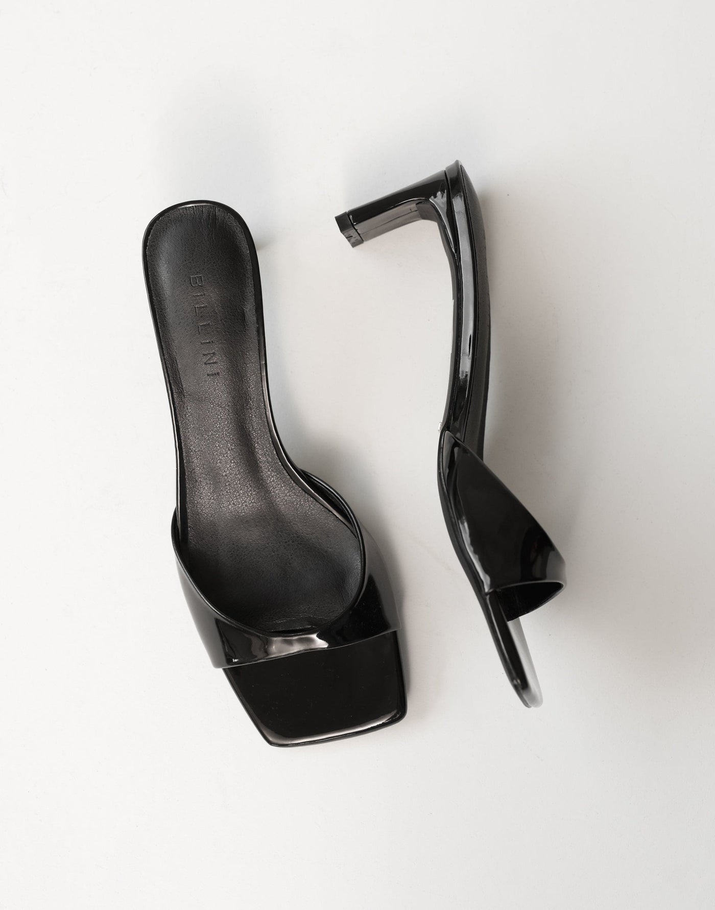 Yadira Heels (Black Patent) - By Billini - Open Toe and Heel Shaved Block Heel - Women's Shoes - Charcoal Clothing