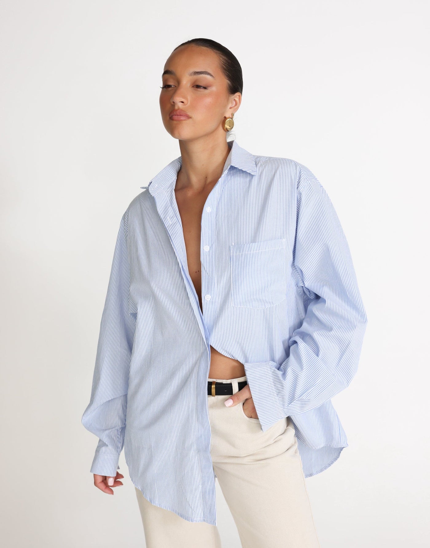 Franco Shirt (Blue/White Stripe) - Oversized Button-up Shirt - Women's Top - Charcoal Clothing