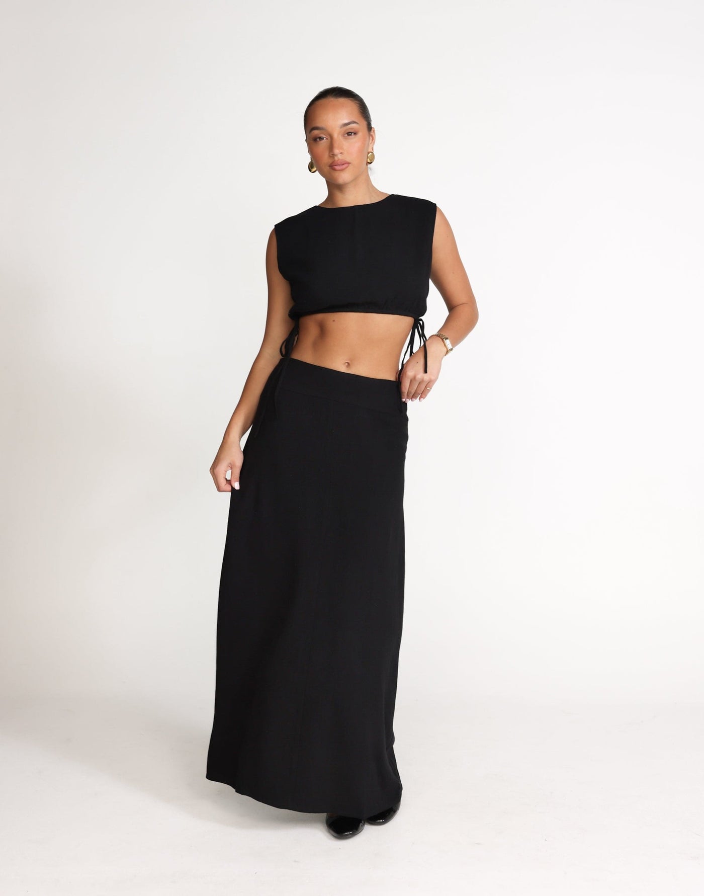 Lillian Maxi Skirt (Black) | CHARCOAL Exclusive - Low to Mid Rise Flared Linen Maxi Skirt - Women's Skirt - Charcoal Clothing