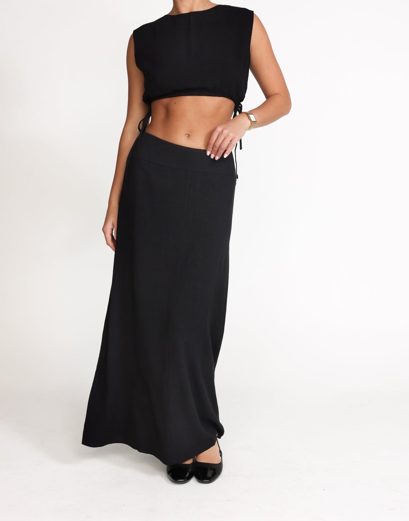 Lillian Maxi Skirt (Black) | CHARCOAL Exclusive - Low to Mid Rise Flared Linen Maxi Skirt - Women's Skirt - Charcoal Clothing