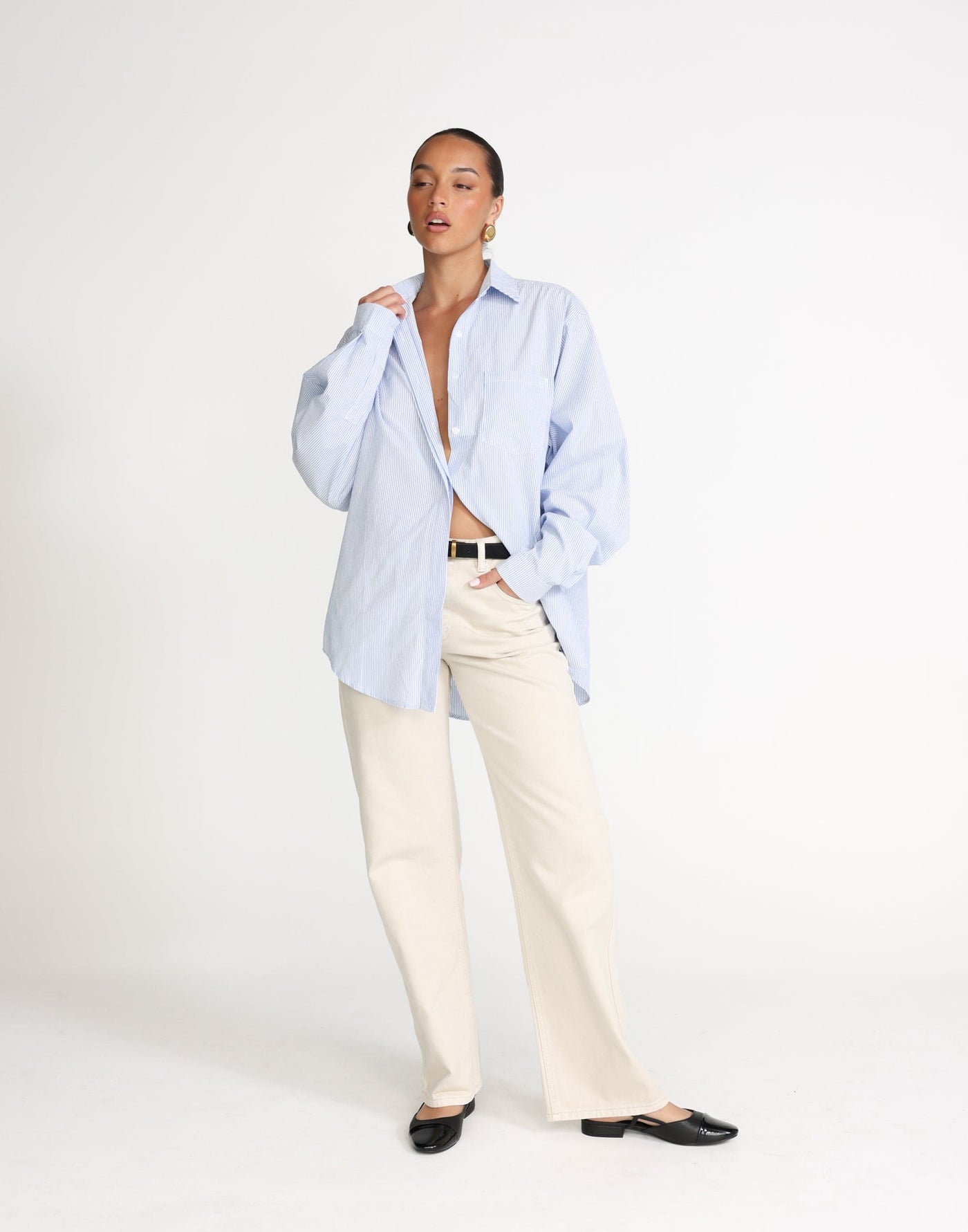 Franco Shirt (Blue/White Stripe) - Oversized Button-up Shirt - Women's Top - Charcoal Clothing